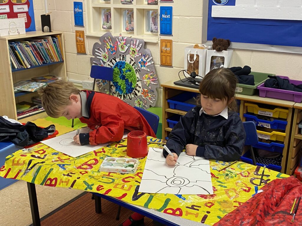 Inukshuk art in the style of Ted Harrison, Copthill School