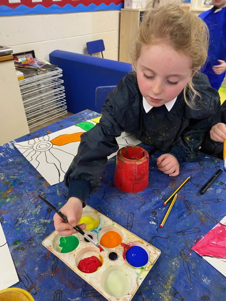 Inukshuk art in the style of Ted Harrison, Copthill School