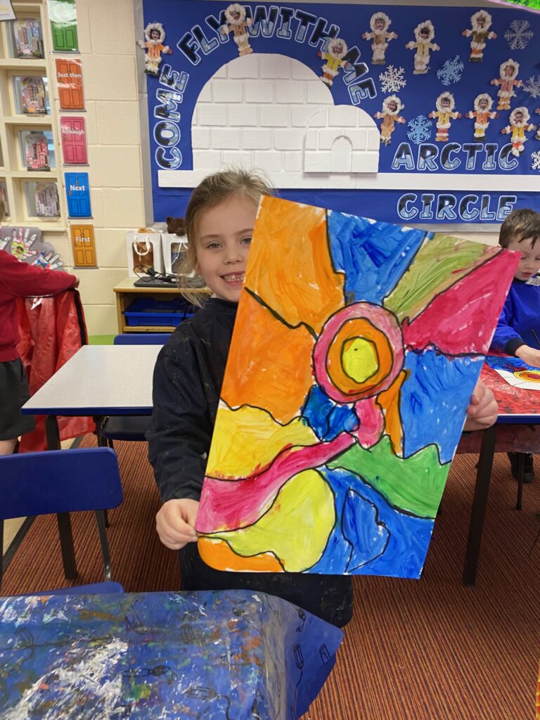 Inukshuk art in the style of Ted Harrison, Copthill School