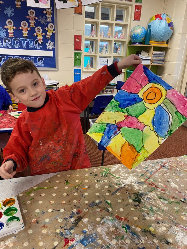 Inukshuk art in the style of Ted Harrison, Copthill School