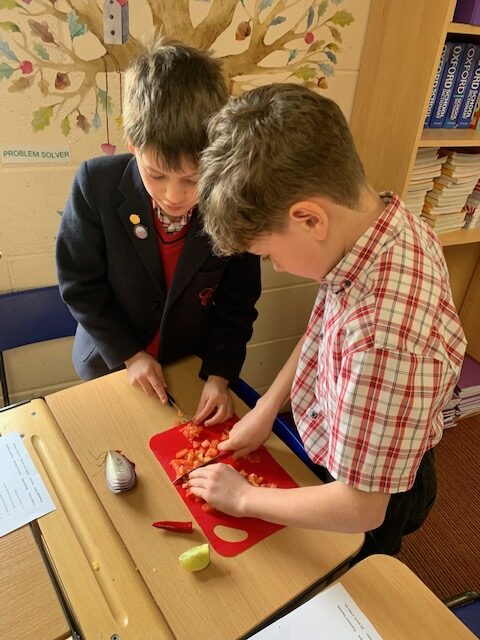 Spanish salsa making with Year 5, Copthill School